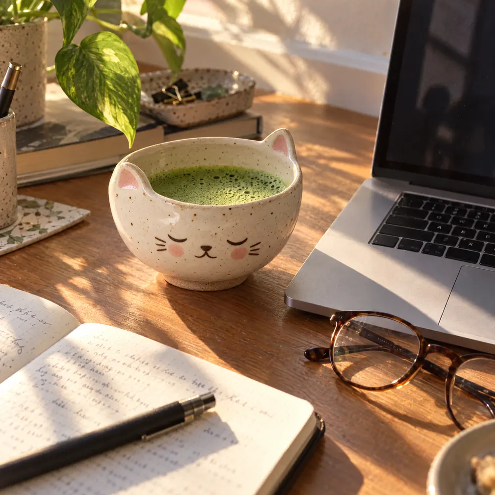 The white cat bowl on a desk next to a laptop