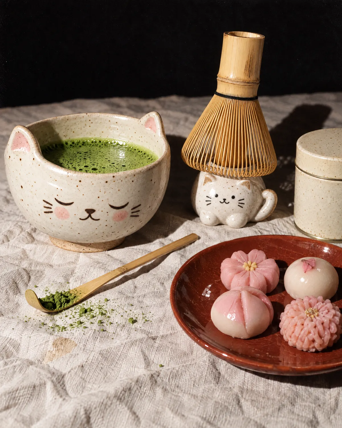 Cat-face matcha bowl with whisked matcha, a bamboo whisk on a cat keeper and wagashi sweets