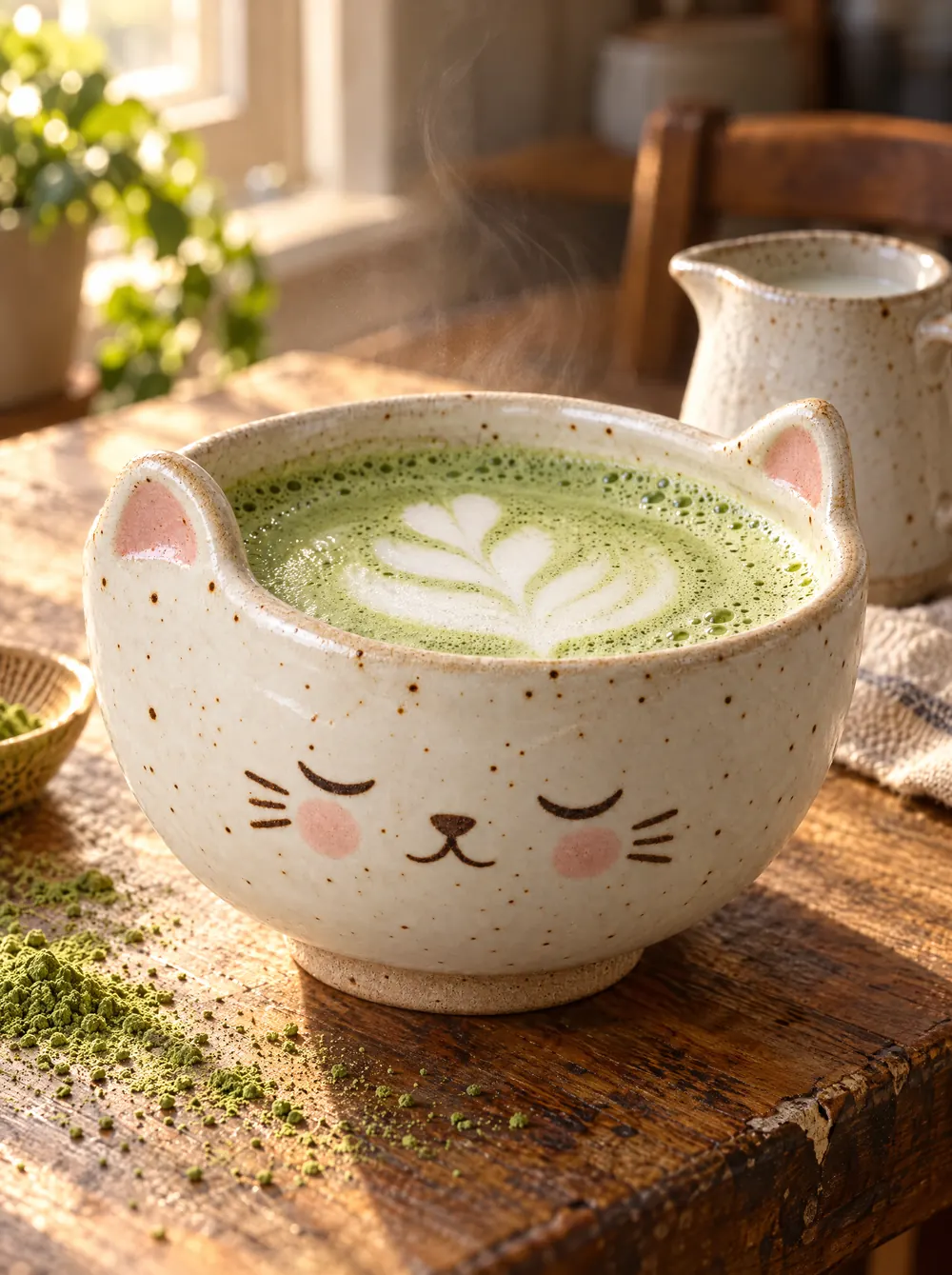 Matcha latte with milk foam in the white cat bowl
