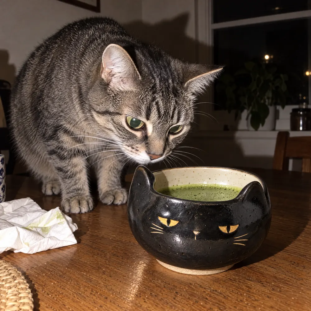 A tabby cat sniffing the black cat bowl