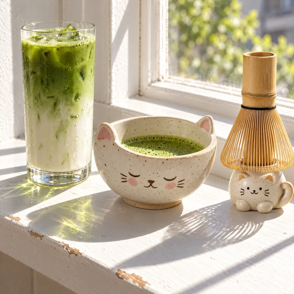 Iced matcha latte on a windowsill