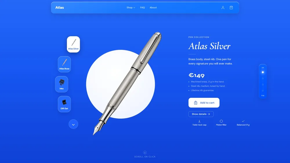 Atlas demo: a fountain pen on a white disc with variant and accessory tiles