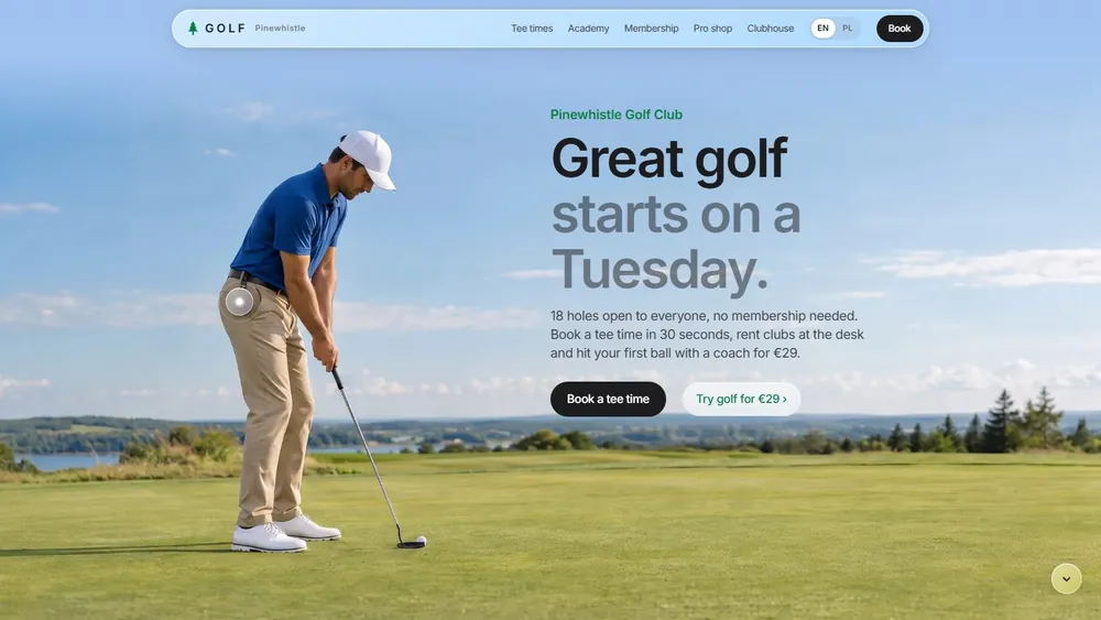 Golf club demo: a golfer on the course, a floating menu and tee time booking