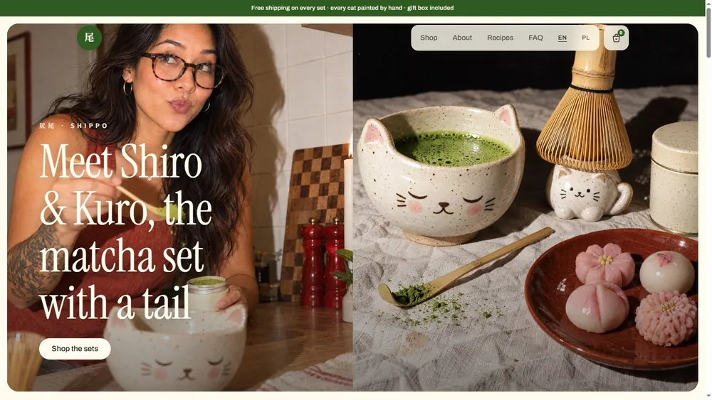 Shippo demo: a woman scooping matcha next to a cat-shaped bowl