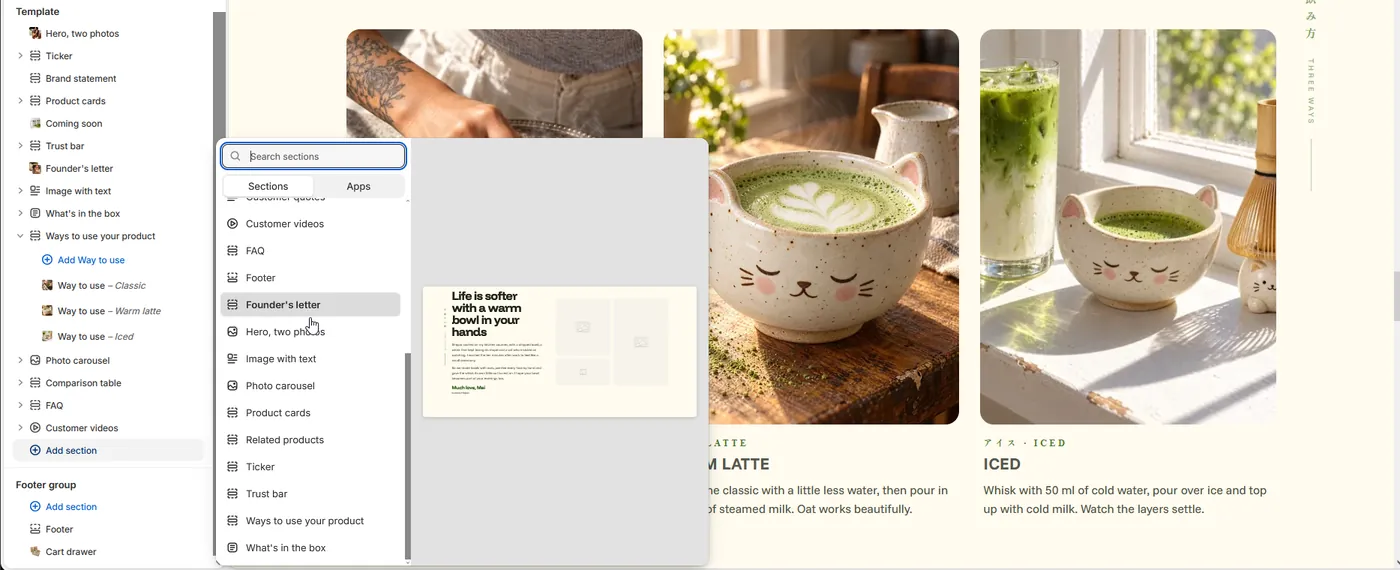 Shopify theme editor with Shippo: the list of home page sections on the left and the Add section menu open