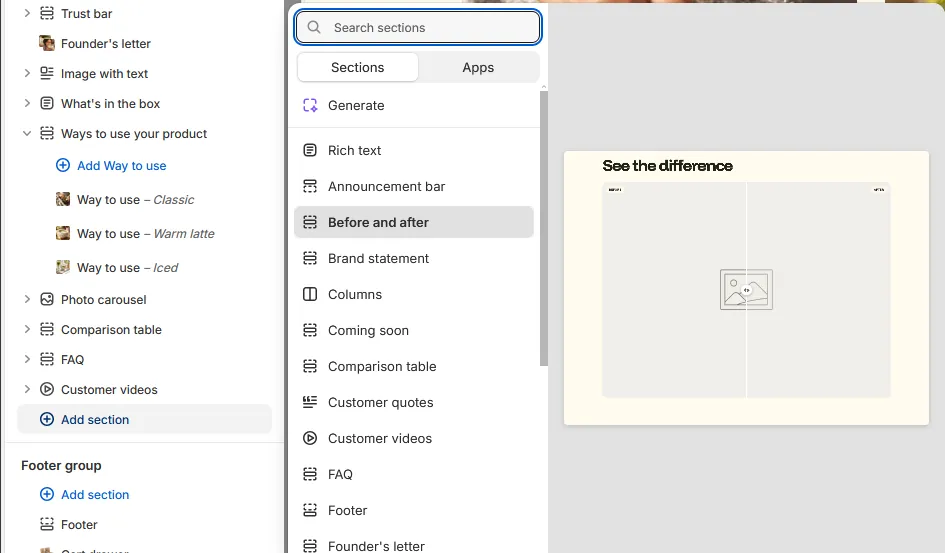 Shippo sections in the Shopify Add section menu, with a preview of the before and after slider
