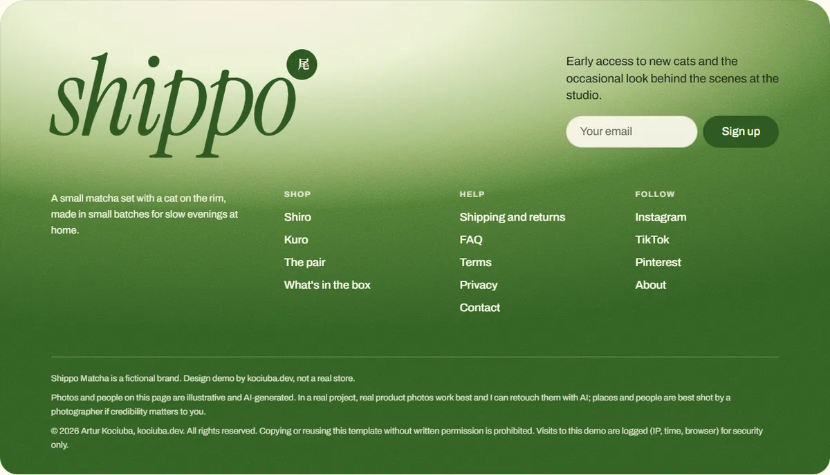 Shippo footer with a large brand word and an email sign-up